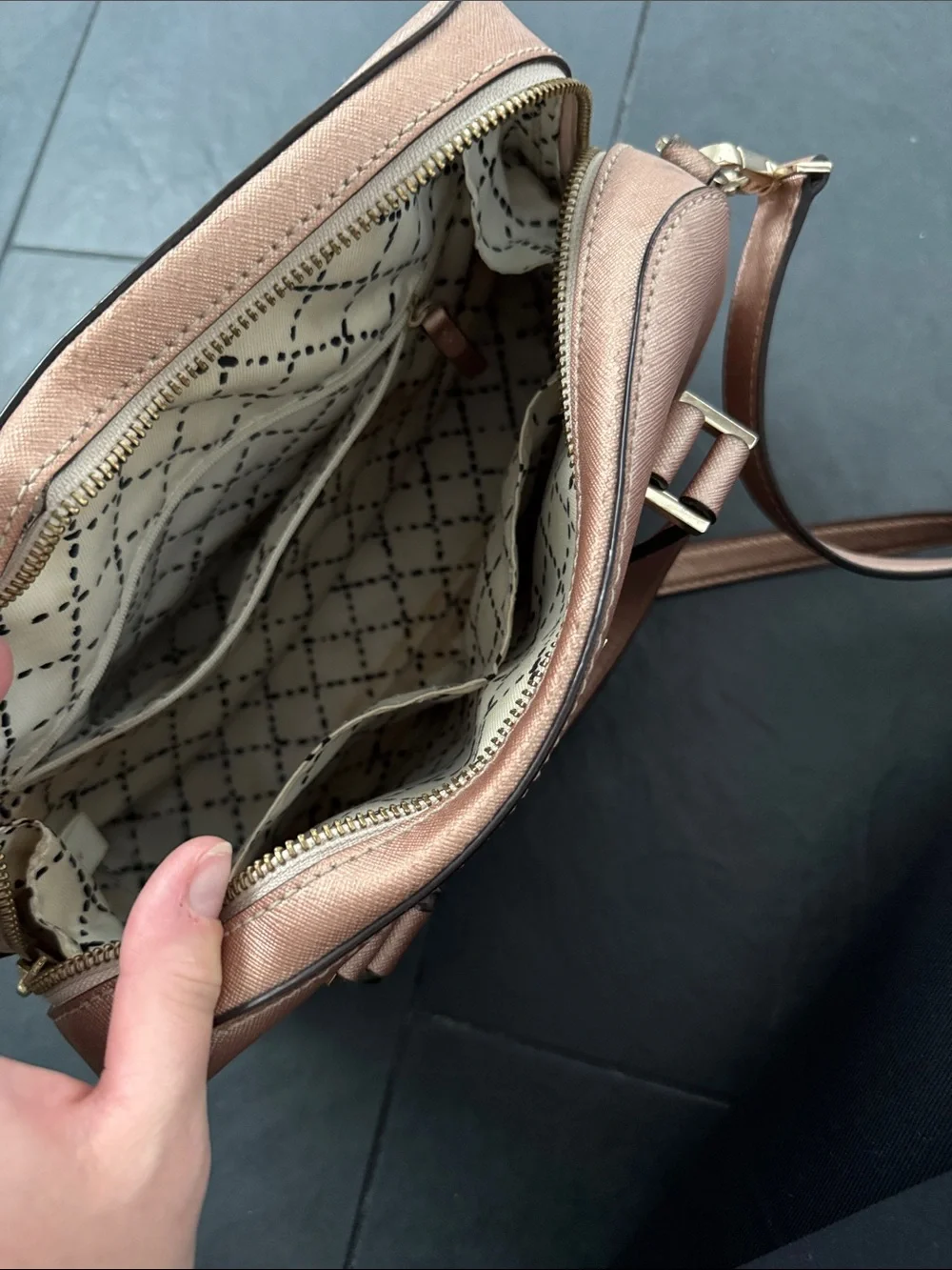 kate spade metallic rose gold satchel with top handles & shoulder strap